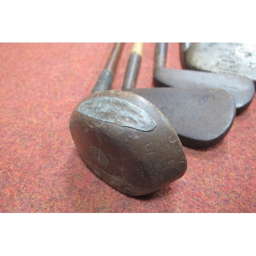 127 - Golf Clubs - All hickory shafted, J H Bates Flempton, Fairlie, Mashie, Mid Iron, Smith Monifieth dri... 