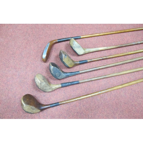 128 - Golf - Hickory Shafted Clubs Five Drivers, including Easterbrook, Bembridge, Brammer, St Andrew Spec... 