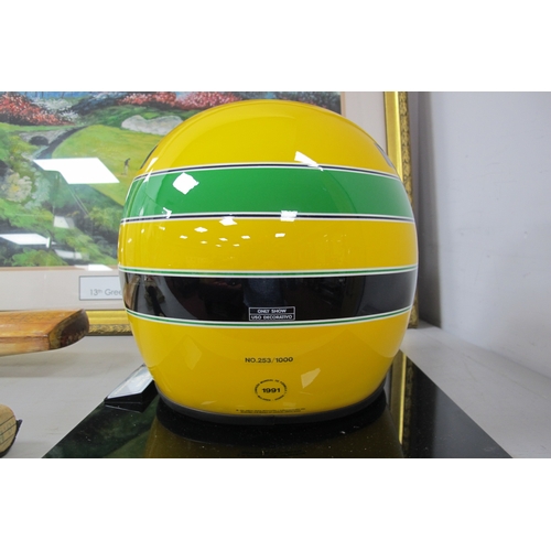 150 - Ayrton Senna - Replica Formula 1 Helmet, painted by Sid Mosca - Brasil, 1991, in yellow, approximate... 