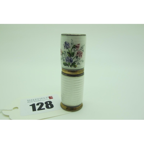 128 - A Part Hallmarked Silver and Enamel Lipstick Holder, highlighted in white and detailed with mauve an... 