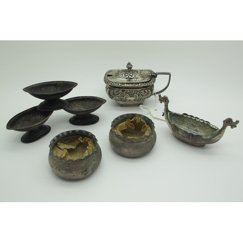 133 - A Pair of Hallmarked Silver Salts, together with a decorative lidded mustard, a souvenir Viking ship... 