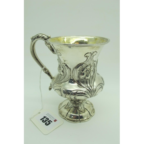 135 - A Decorative Hallmarked Silver Mug, (maker mark rubbed) London 1837, of shaped design, allover detai... 