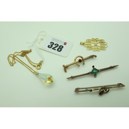 328 - Three Edwardian Style Bar Brooches, together with a 9ct gold openwork pendant, and a crystal style d... 