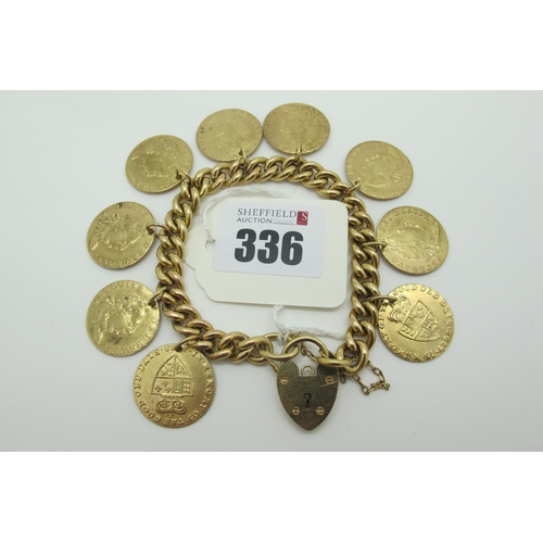 336 - A Gold Plated Curb Link Bracelet, to heart shape padlock clasp, suspending nine facsimile coin style... 