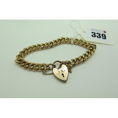 339 - A Curb Link charm Style Bracelet, to heart shape padlock clasp, stamped 