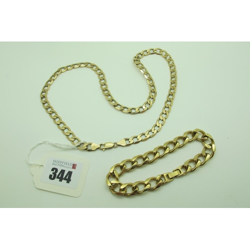 344 - A 9ct Gold Flat Curb Link Chain, 51.5cm long (29grams); together with a modern curb link bracelet. (... 