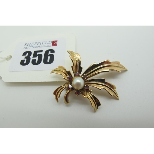 356 - A 9ct Gold Pearl Set Brooch, of foliate design, with claw set highlights (4 grams).