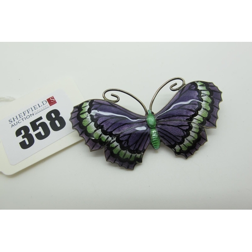 358 - A John Atkins & Sons Hallmarked Silver and Enamel Butterfly Brooch, highlighted in purple, black and... 