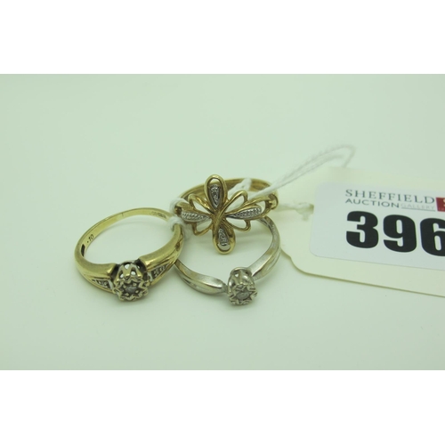 396 - A 9ct White Gold Illusion Set Ring, (finger size M), another similar (finger size M), and a 9ct gold... 