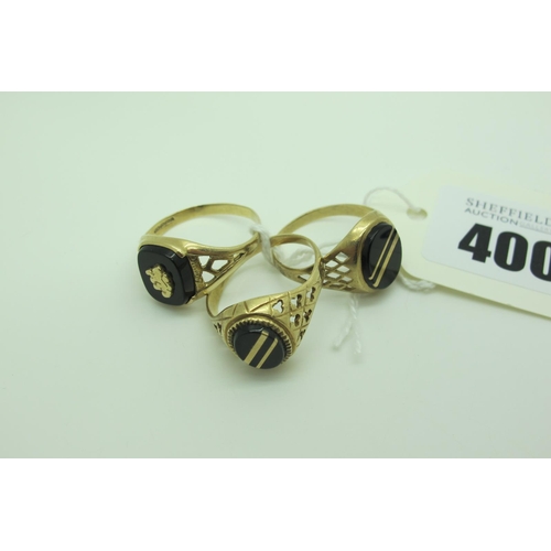 400 - Three 9ct Gold Signet Style Rings, all with decorative panels, between openwork shoulders (finger si... 