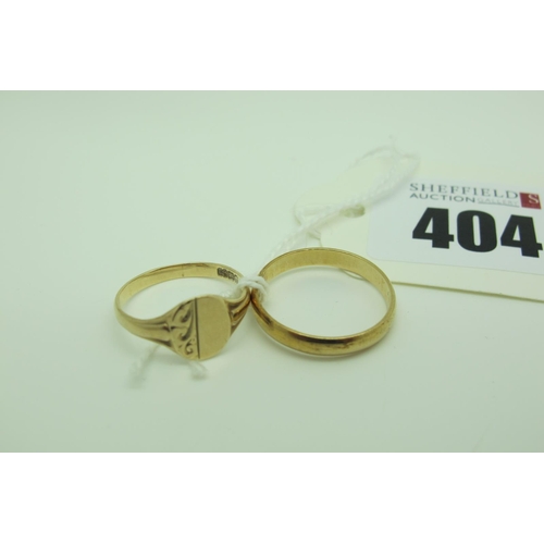 404 - A 9ct Gold Plain Wedding Band, (finger size M); together with a small 9ct gold signet style ring (2.... 