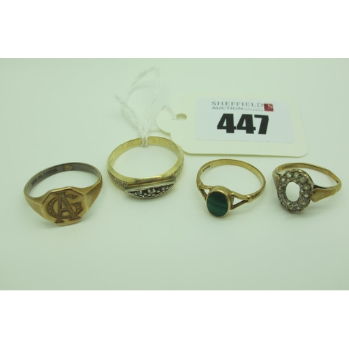 447 - A Three Stone Band Ring, of textured design (finger size U) (indistinctly stamped); a 9ct gold malac... 