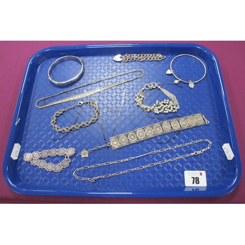 78 - 925 and Other Jewellery, including curb link, filigree and other bracelets, bangles, etc :- One Tray