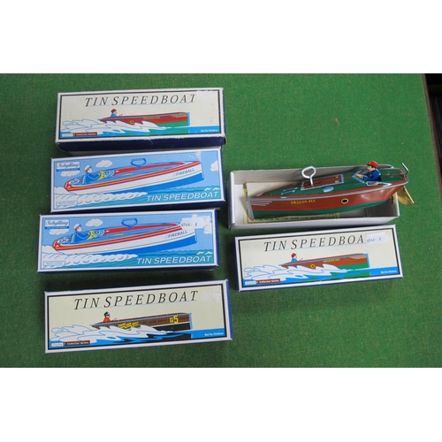 579 - Five Schylling Tinplate Clockwork Model Speedboats, to include Thun Der Bolt, Fireball, Dragon Fly, ... 