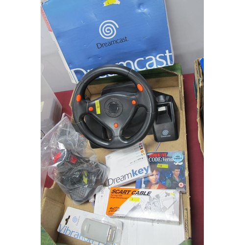 739 - A Boxed Sega Dreamcast Gaming Console, one controller, vibration pack, race controller, quick shot j... 