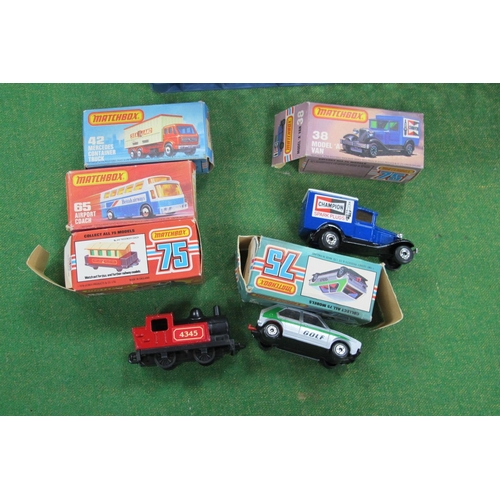 815 - Five Boxed Matchbox 1:75 Series Diecast Model Vehicles, comprising of #38 Model 'A' Van, #43 Steam L... 