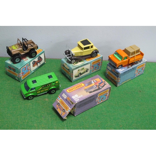 880 - Four Boxed Matchbox 1:75 Series Diecast Model Vehicles, comprising of #66 Ford Transit, #5 4x4 Jeep ... 