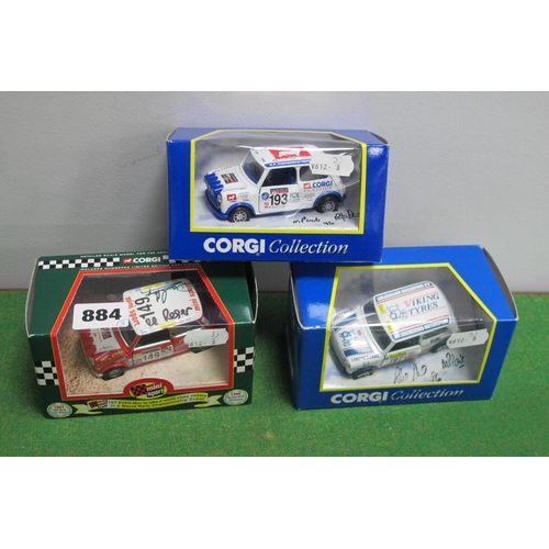 884 - Three Corgi Diecast Model Mini's, to include #04427 RAC Rally Mini Sport, two signatures to model ro... 