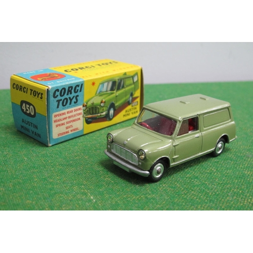 894 - A Boxed Corgi Toys #450 Diecast Model Austin Mini Van, green body, red interior, jewelled headlights... 