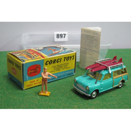 897 - A Boxed Corgi Toys #485 Diecast Model Surfing With The B.M.C Mini Countryman, sea green body, lemon ... 