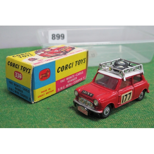 899 - Corgi Toys #339 Diecast Model B.M.C Mini Cooper 'S', 1967 Monte Carlo Winner, No 177, red body, whit... 