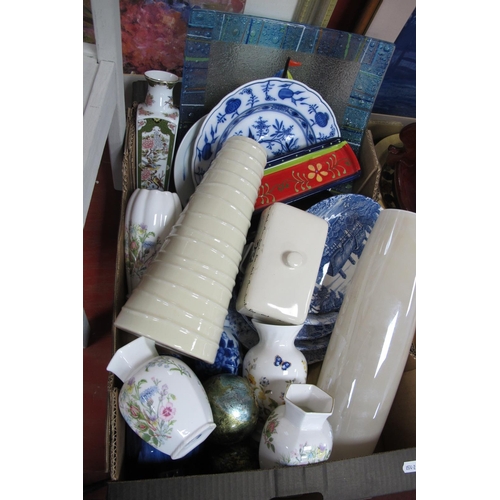 1011 - Aynsley Vases, Blue-White plates, Murano style dish decorated with a yacht, etc:- One Box.