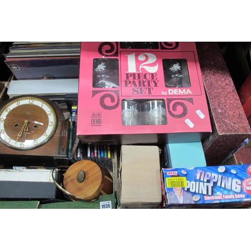 1036 - Games, mantle clock, biscuit barrel, records, cd's, stylophone, etc:- Two Boxes.