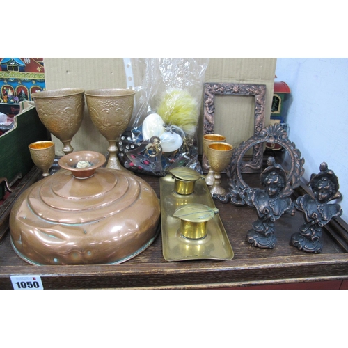 1050 - An Oak Tray, Arts & Crafts brass desk stand, painted goblets, costume jewellery, etc.