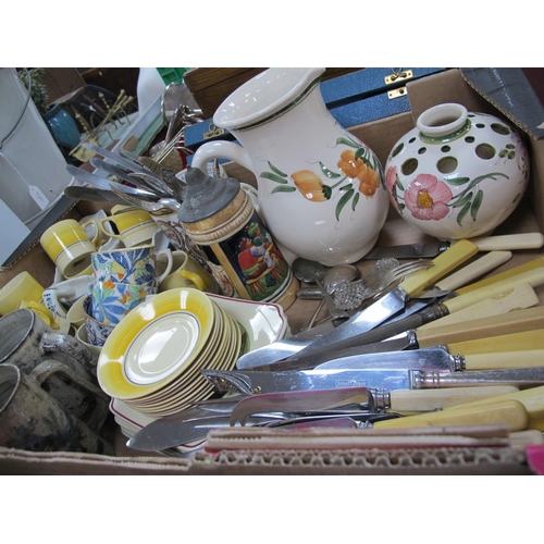 1066 - Cutlery, German stein, Grey's pottery, coffee cuts, saucers:- One Tray.