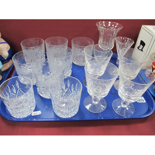 1223 - Set of Seven Heavy Etched Whisky Glasses, initialled goblets, other drinking glasses:- One Tray