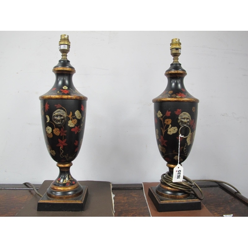 1635 - A Pair of Rochamp Table Lamps, Japanned effect, with lion mask handles, on square bases, 39cm high e... 