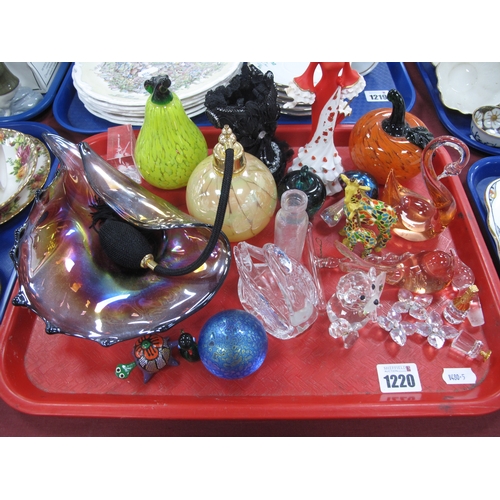 1220 - Glass Paperweights, glass shaped dish, scent bottle, etc:- One Tray.