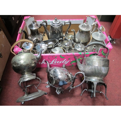 1036 - An Early XX Century James Dixon E.P.B.M Tea Pot, plated spirit kettles, and other plated ware:- One ... 