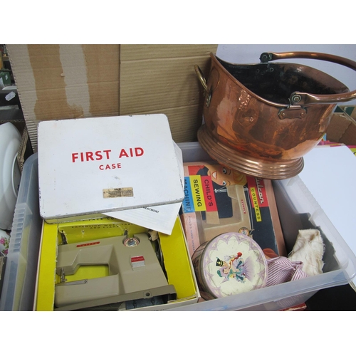 1042 - A Vulcan Child's Sewing Machine, copper coal scuttle, etc:- One Box.