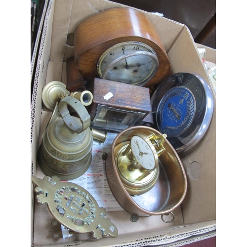 1055 - Two Enfield Clocks, brass trivet, candlesticks, bell, copper planter, etc.