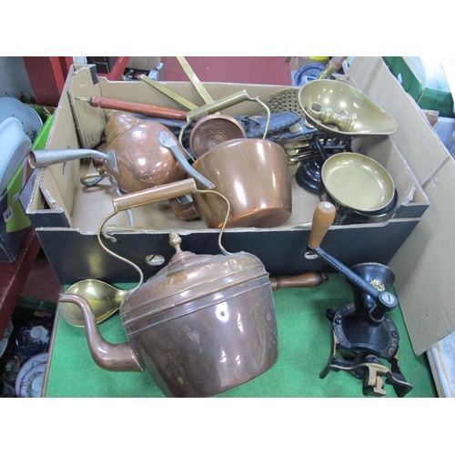 1074 - Copper Kettles, Kitchen Scales, shire horse brasses on leather straps, etc:- One Box