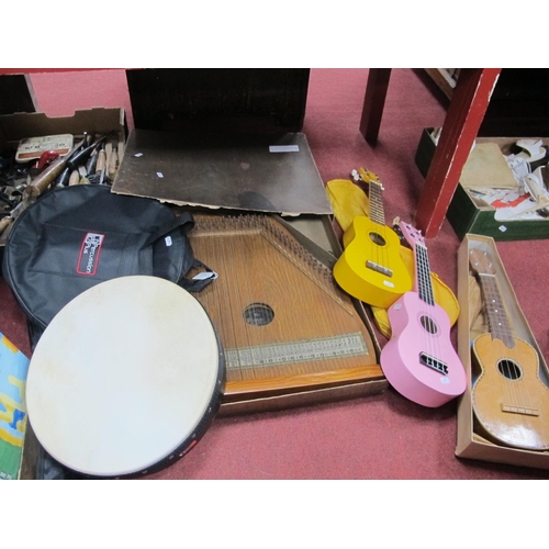 1084 - Piano Chord Zither, Skylark ukelele, percussion plus drum, two small pink and yellow child's guitars... 