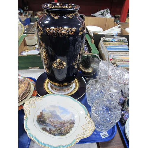 1099 - Two Cut Glass Decanters, with mushroom stoppers, chrome cake stand, pottery vase with blue ground an... 