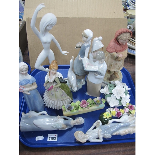 1103 - Lladro Figurines (3), Royal Ivory 'Winter', four others, posies:- One Tray