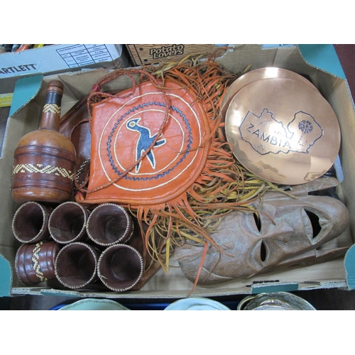 1106 - Copper Crafts Shallow Dishes, 19.5cm diameter, leather covered drinks set, hardwood masks, bags:- On... 