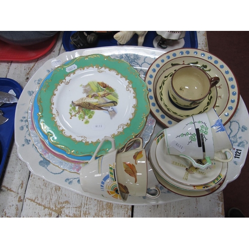 1121 - Cabinet Plates, Art Deco and other cups and saucers, Torquay ware etc and a large meat plate.