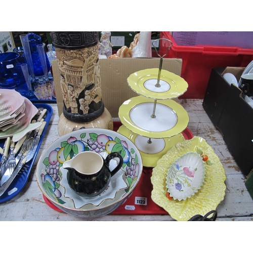 1123 - Three Tier Cake Stand, Bisto bowl, pottery vase decorated with figures.