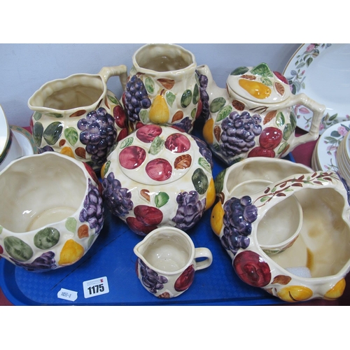 1175 - Silstone Pottery Handpainted Teapot, basket and vase decorated with fruit.