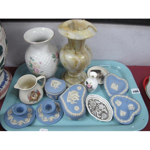 1180 - Alabaster and Winton Vases, Wedgwood jasperware, etc:- One Tray