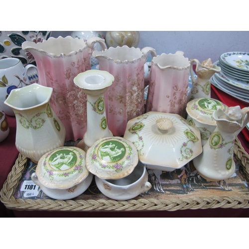 1181 - An Early XX Century Dressing Table Set; together with a set of three graduated jugs including tray.