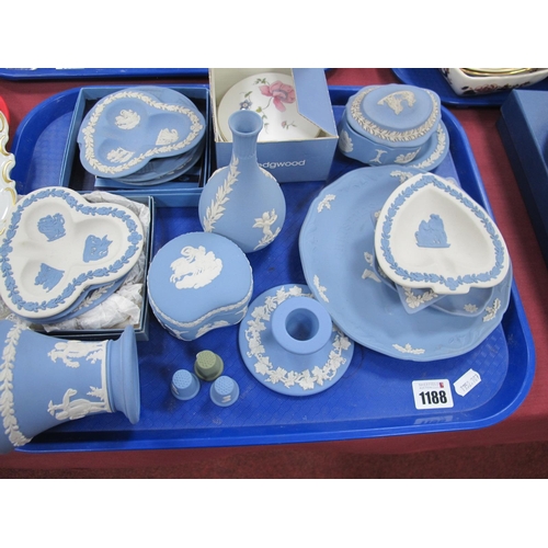 1188 - Wedgwood Powder Blue Jasperware Trinkets, bridge ashtrays, vases, candlesticks, etc:- One Tray