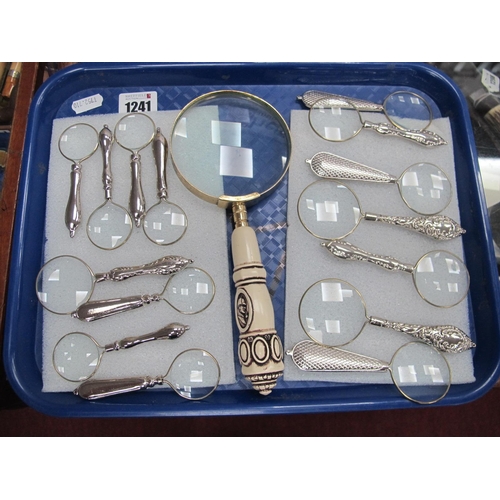 1241 - Resin Handled Magnifying Glass, 22.5cm long, fifteen metal handled examples, smaller:- One Tray