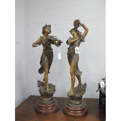 1566 - A Pair of XIX Century Spelter Figures 'La Danse' and 'La Mustique' on stepped circular bases, the ta... 