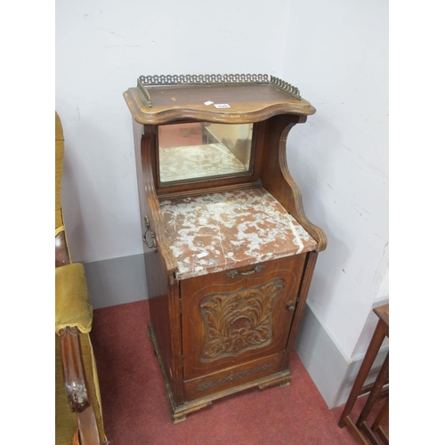 1570 - A Late XIX Century Walnut Bedside Cupboard, with gilt gallery to serpentine upper shelf over mirror,... 