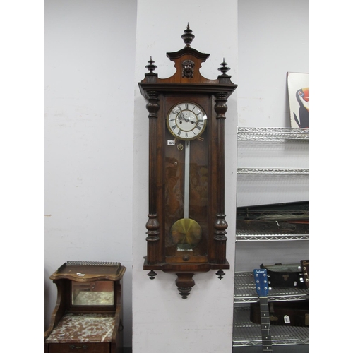 1571 - A XIX Century Walnut Vienna Wall Clock, with applied top, finial decoration and white enamel dial, R... 